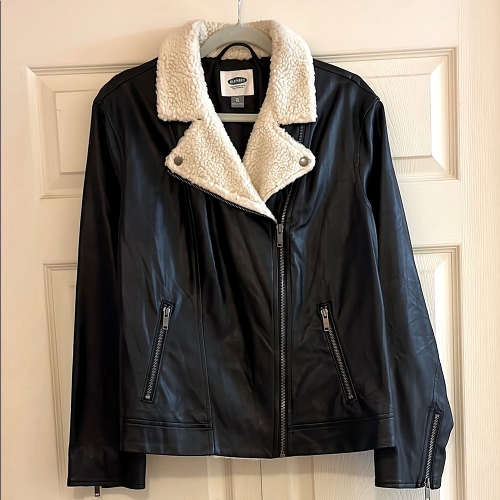 Old Navy Black Faux Leather Jacket with Cream Collar
